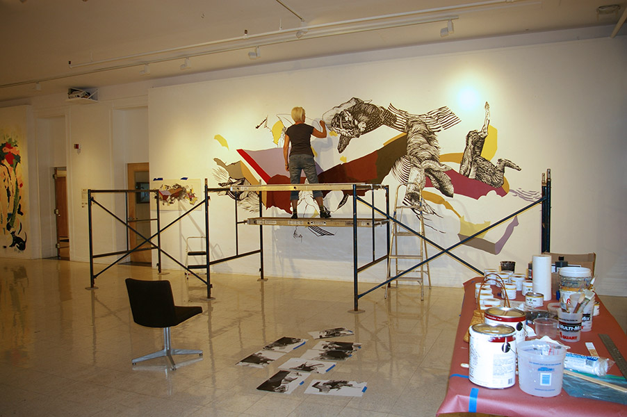"Weight of Evolution" (in progress) from "Seven: A Performative Drawing Project", Montserrat College of Art, 12 x 27' wall, 2012