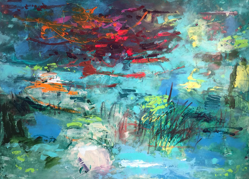 Turquoise With Red Cloud, 22 x 30&quot;, acrylic on paper (framed 29 x 36&quot;)